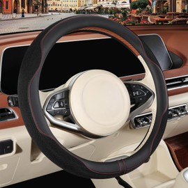 Binsheo Nappa Leather Black Steering Wheel Cover, Advanced Microfiber Leather Non-Slip Breathable Fabric, Warm in Winter and Cool in Summer, Universal 15 inch