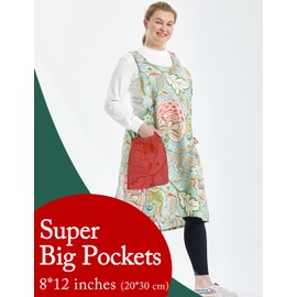 APRONNER Big Plus Size Aprons for Women with Pockets Cotton Linen Baking Kitchen Cooking Green Flower