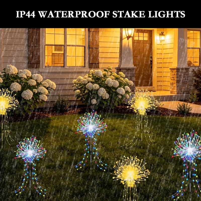 WISEgham 4Pack 480LED Solar Stake Lights, Fireworks Lights, Warm White
