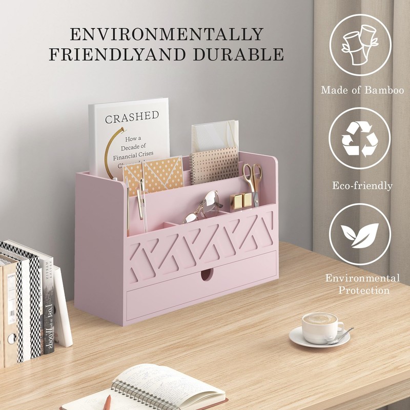 Wisuce Bamboo Mail Organizer Countertop Desktop with Drawer - All-in-One