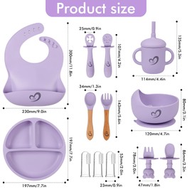 Silicone Baby Feeding Set Essentials,13 Pcs,Baby Led Weaning Supplies, Baby Spoons Suction Bowl Divided Plate Bib Cup Finger Brush,First Stage Solid Food Eating Utensils - 6 Months + (Purple)