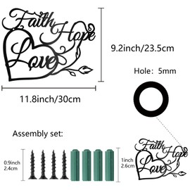 CREATCABIN Art Word Wall Decor Heart Vintage Metal Hanging Faith Hope Love Wall Sculpture Black Modern Simple Ornaments Accessories for Living Room Bedroom Outdoor Rustic Courtyard 11.8inx9.2in