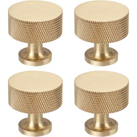 RZDEAL 4pcs Solid Brass Cabinet Knobs Pulls Cabinet Drawer Dresser Gold Knobs Modern Knurled Knobs Handles (1"x1"/25mmx25mm), Brushed Brass Finish