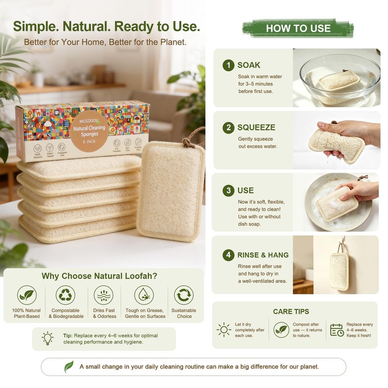 Natural Loofah Dish Scrubber Sponges, 6 Pack Large Plant-Based Kitchen