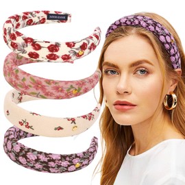ZIRICHER Fashion Vintage Floral Headbands for Women Trendy Padded Flower Headband Non Slip Soft,Retro Bohemian Padded Headbands for Women's Hair Fashion Comfortable Wide Headband 4Pcs