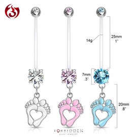 Forbidden Body Jewelry 14G 1" Pregnancy Bioflex Adjustable & Flexible Dangle Baby Feet CZ Maternity Belly Ring, Clr/Pk/Aq (3pc)