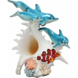 Nautical 3 Dolphins Swimming By Sea Conch Clownfishes Corals LED Light Statue