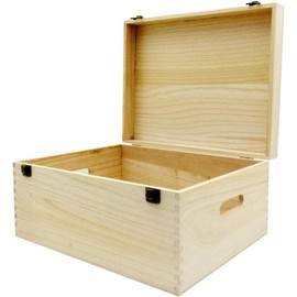 Unvarnished Wooden Storage Box with Hinged Lid and Clasps, 40 x 30 x 20 cm