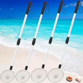 Roshtia 4 Pcs Sand Sifter, Beach Scoop Shovels and Shark Tooth Sifter Tools, Adjustable Metal Sand Scoop Long Handle Shell Scooper for Beach Seaside Grooming Seashell Collecting Hunting (Blue, Pink)
