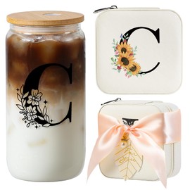 AYGXU Bridesmaid Gifts for Wedding Day,Bridesmaid Proposal Gifts,Drinking glass with Bamboo Lids and Straw,Jewelry Organizer,Travel Essentials Small Jewelry Box,Teen Girls Gifts,Initial C white