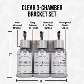 Artanis Home Wall-Mounted Shampoo Dispenser 3 Chamber Bracket, Tamper-Resistant, 8 oz Plastic Pump Bottles with Modern Apothecary Design