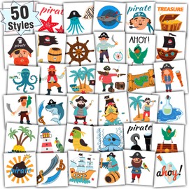 Partywind Pirate Party Supplies for Kids, Individually Wrapped Sheets Temporary Tattoos for Pirate Birthday Party Favors Decorations, Pirate Games Goodie Bag Stuffers Toys (50 Styles)