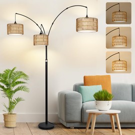 Airposta Black Arc Floor Lamps for Living Room, Farmhouse Boho Floor Lamp for Bedroom, Industrial Standing Lamp for Office, Dimmable Tall Lamp with Rattan Lampshades, Reading Arched Lamp