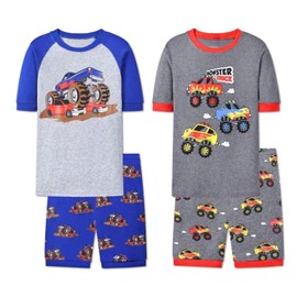 Joyond Boys Pajamas Size 10 for Toddler Clothes Kids Summer Cotton Sleepwear Short Sleeves 4 Piece Snug-Fit Pjs Set,Colorful Trucks