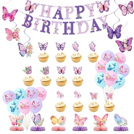 BaErSan Butterfly Birthday Party Supplies Decorations for Girls Kids Butterfly Theme Banner Balloons Toppers Decor Set