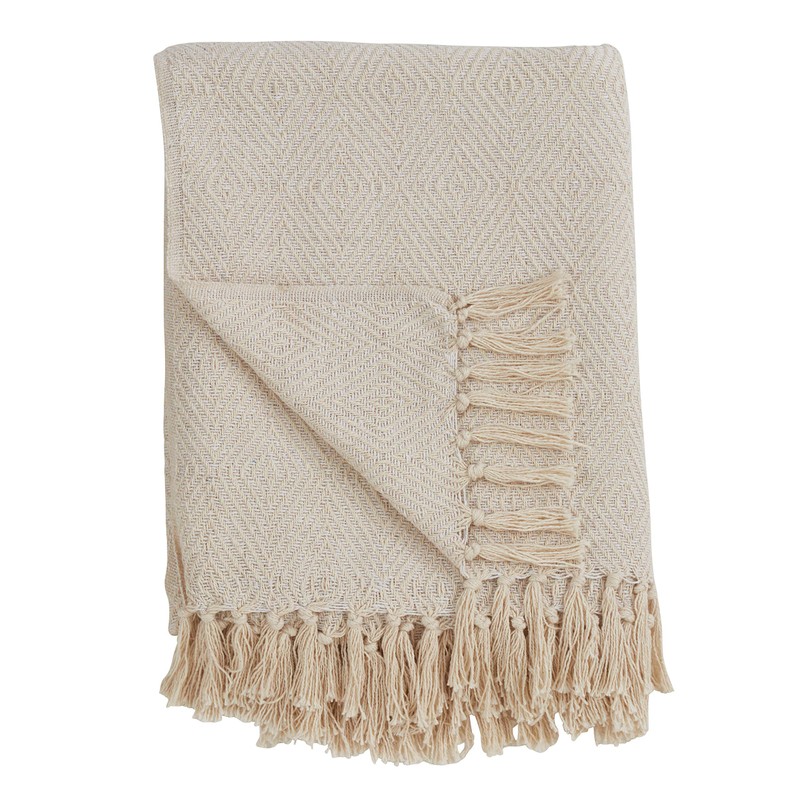SARO LIFESTYLE Sevan Collection Soft Cotton Diamond Weave Throw, Ivory