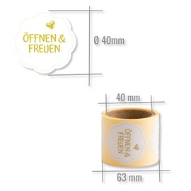 Gift Stickers Open and Enjoy Pack of 100 Diameter 40 mm Flower Shaped Labels on Roll White / Gold