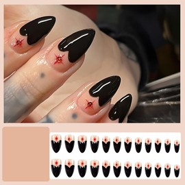 Akili Biley Press on Nails - Almond Medium Black Bare Red Heart Star Rhinestone French Tip False Nails - Glue & Stick on - Cute, Fantasy, Classy & Wedding/Birthday Pack