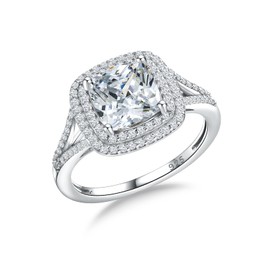 RANDES 925 Sterling Silver CZ Cubic Zirconia Ring April Birthstone Ring Cushion Shaped Fake Diamond Engagement Ring Size 8