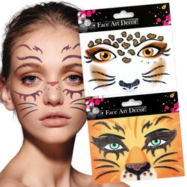 Animal Face Jew Stickers Leopard Print Glitter Face Stickers Cold Lion Temporary Face Stickers White Yellow Diamond Face Art Stickers Design Party Face/Eye/Body Art Accessories for Adults Children（03）