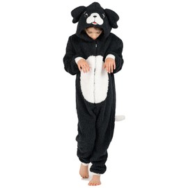 Kid's Dog Puppy Black and White Onesie All-In-One for Boys or Girls in Soft Fleece with a Tail In Childrens Age Years 12-13 Years BWDog52