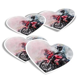 Vinyl Heart Stickers (Set of 4) - Red Motorbike Biker Sports Bike Fun Decals for Laptops,Tablets,Luggage,Scrap Booking,Fridges #12318