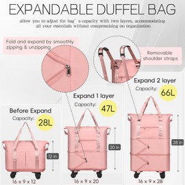VOOWO Duffel Bag with Wheels - Rolling Foldable Expandable Duffle bags for Travel, Rolling Under Seat Luggage Carry On Travel Bag, Large Wheeled Overnight Weekender Bag (Pink)