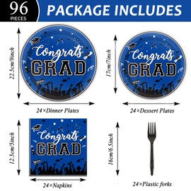 gisgfim 24 Guest Graduation Party Plates Napkins Supplies Blue Congrats Grad Tableware Set Class of 2025 Disposable Paper Plates Napkins Forks for Grad Party Decorations