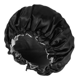 Double Layer Satin Bonnet for Men, Waterproof Bath Shower Cap Adjustable Drawstring Hair Bonnet Reusable Bathing Hair Cap for Men Curly Hair Braids, Black