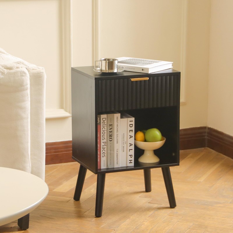 Fultyle Fluted Black Nightstand with Charging Station, Mid Century Modern