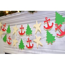 Nautical Christmas Garland, Red anchor cream starfish and Christmas tree decor, Nautical Christmas decor, Beach Theme Christmas