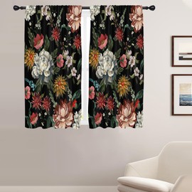 Coxila Black Floral Flowers Curtains for Bedroom 42 x 63 Inch Rod Pocket Boho Modern Women Vintage Gothic Victoria Mid Century Living Room Treatment Set of 2 Curtain Panels Drapes Drapes