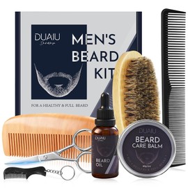 DUAIU -Kit de cuidado de barba para hombres, incluye aceite y bálsamo para barba, cepillo de cerdas de jabalí, peine multiusos y tijeras para recortar y peinar la barba y el bigote. Ideal para regalar a papá, esposo o novio.