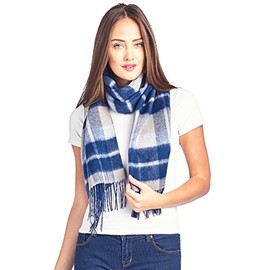 Mariyaab 100% Lambswool wool Men and Women Double Sided Plaid Pashmina Scarf (911071, Navy/BeigeBlue)