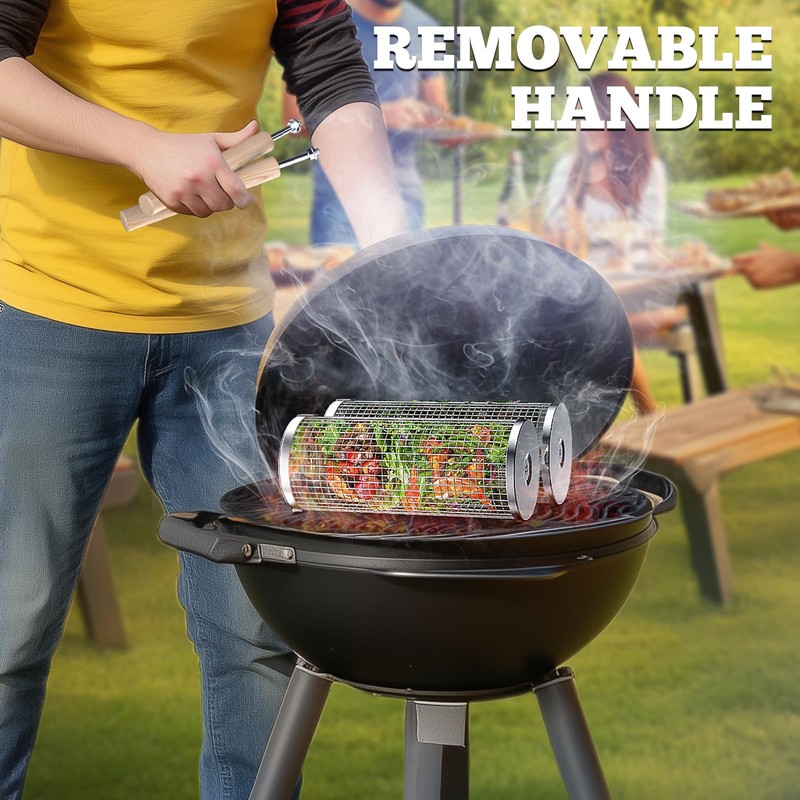 ivtivfu Rolling Grill Basket, Removable Wooden Handle, 304 Stainless Steel,