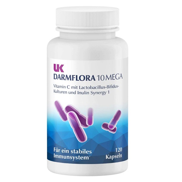 UK Intestinal Flora 10 Mega Capsules Vegan - High Dose Lactobacillus Bifidus Cultures + Inulin Synergy 1 & Vitamin C