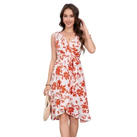 Women's Summer Wrap V Neck Floral Print Midi Dress Sleeveless Flounce Flowy Irregularity A Line Dresses Red Medium