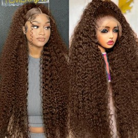 EGOTOI 13x6 Chocolate Brown Deep Wave Lace Front Wigs Human Hair 250 Density HD Lace Frontal Wigs for Women Bleached Knots Pre Plucked Natural Hairline Curly Human Hair Wig 28 Inch