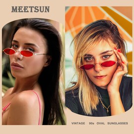 MEETSUN Vintage 90s Small Oval Sunglasses For Women Men Metal Frames Designer Gothic Glasses (C40-Gold-Red)