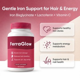 Megacephalus Ferraglow Ferritin Supplement for Women, Ferra Glow Daily Iron Support Capsules with Iron Bisglycinate Lactoferrin Vitamin C B12 and Gentle Absorption (1)