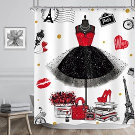 Riyidecor Fashion Dress Shower Curtain 60Wx72H Inch Red Black Women Girly Skirt Perfume Bottles Paris Tower Modern Beautiful Bathroom Decor Fabric Polyester Waterproof 12 Pack Hooks