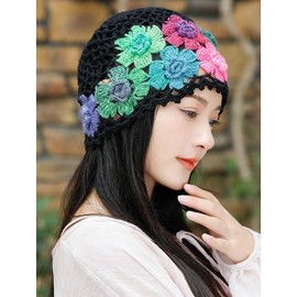 Crochet Beanie Hat for Women Men Y2k Floral Boho Knitted Beanie Cotton Flower Patterned Slouchy Skull Cap Lace Head Wrap Black