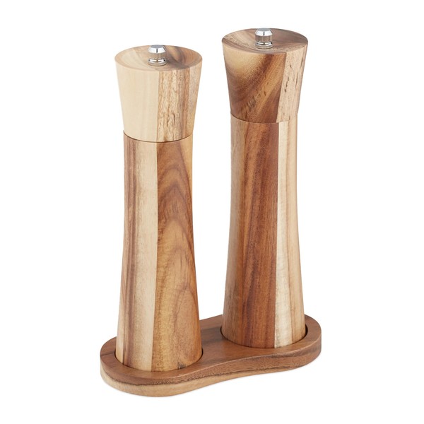 Relaxdays Salt and Pepper Mill, Set of 2, Manual, Coaster, Ceramic Grinder, Mills, Acacia Wood & Stainless Steel, Brown
