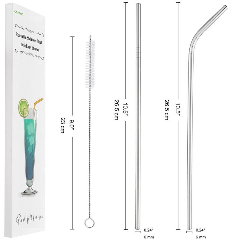 Set of 4 Reusable Metal Straws, 10.5'' Long Stainless Steel