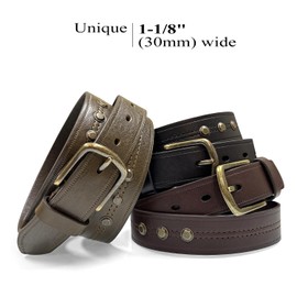 Women's One Piece 100% Genuine Leather Studded Punk Jean Belt 1-1/8"(30mm) wide (Olive, 34)