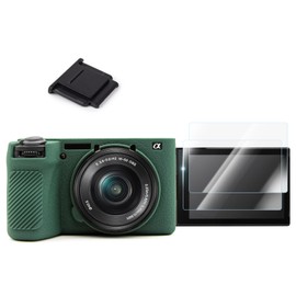 A6700 Camera Case Accessories Kit - Silicone Protective Case for Sony Alpha 6700[Green] & LCD Screen Protector for Sony A6700[2 Packs] & Camera Hot Shoe Cover for Sony A6700