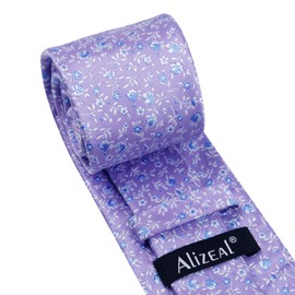 Alizeal Mens 3.15inches Spring Exquisite Flower Tie with Small Floral Printed Pocket Square, Lilac+Blue+White