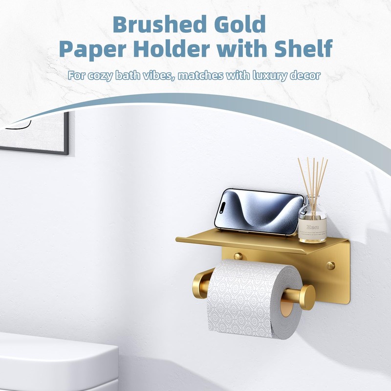 APLusee Brushed Gold Toilet Paper Holder with Shelf, 304 Stainless
