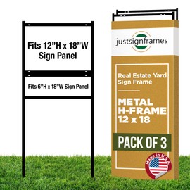 JustSignFrames Real Estate Yard Sign Metal H Frame (3-pack) with Rider - Steel Sign Holder, 12" x 18" Yard Sign Stand, Open House Sign (1 Main, 1 Rider, Black)