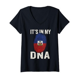 Womens It's My DNA - Haitian Pride Fingerprint Flag V-Neck T-Shirt